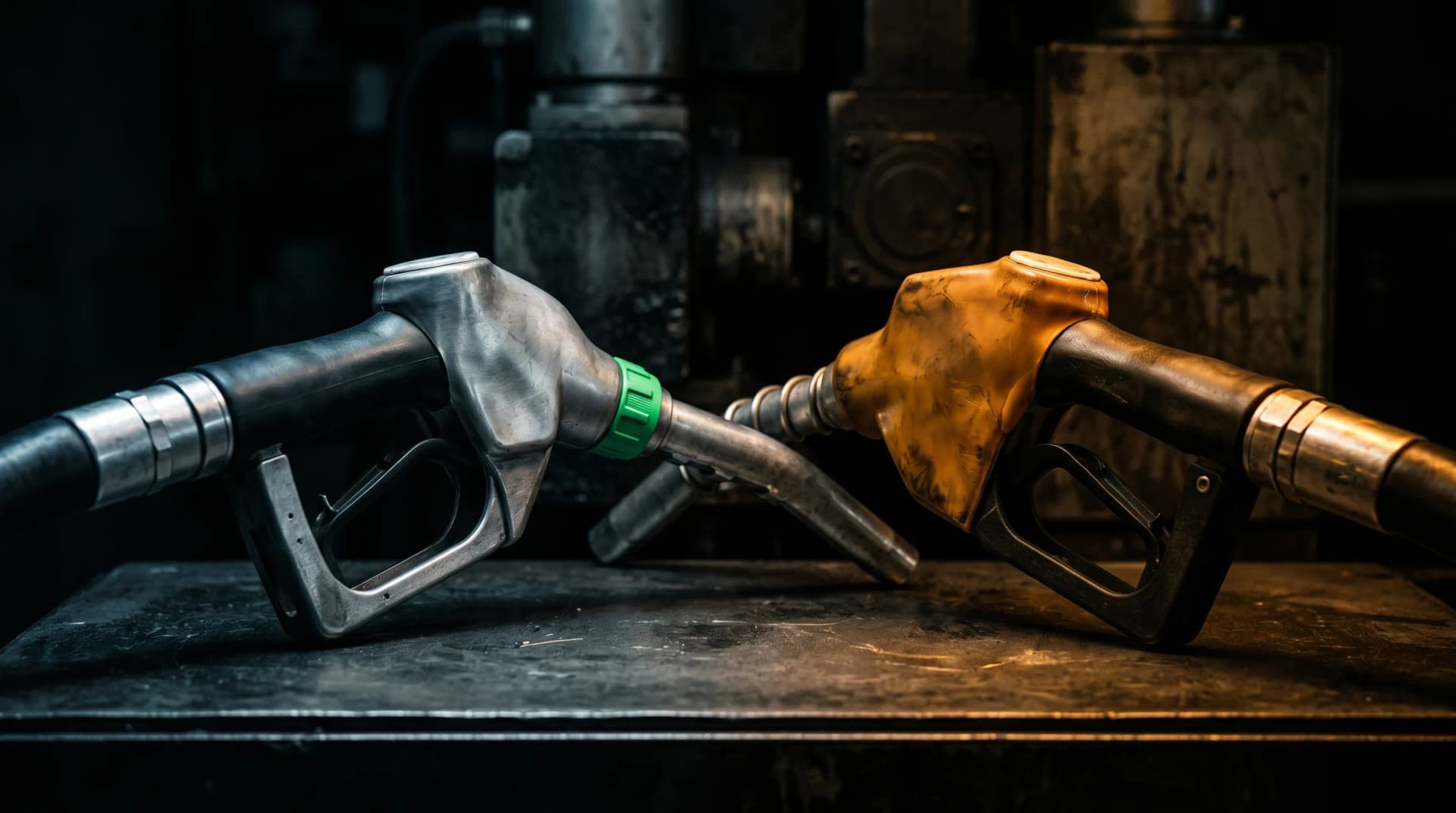 Two fuel pump nozzles contrasting pre-conflict and peak 2026 diesel prices — illustrating the 54.5% increase impact on UK fleet fuel costs