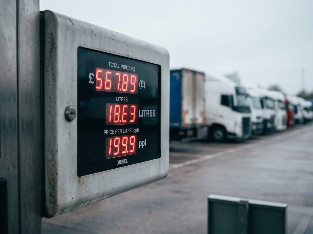 UK commercial diesel pump price display with HGV trucks in background — rising diesel costs for fleet operators