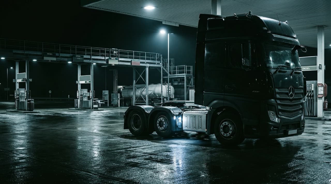 A heavy goods vehicle at a UK motorway service station forecourt at night, wet tarmac and industrial overhead lighting — confirmed fuel duty increases arriving September 2026