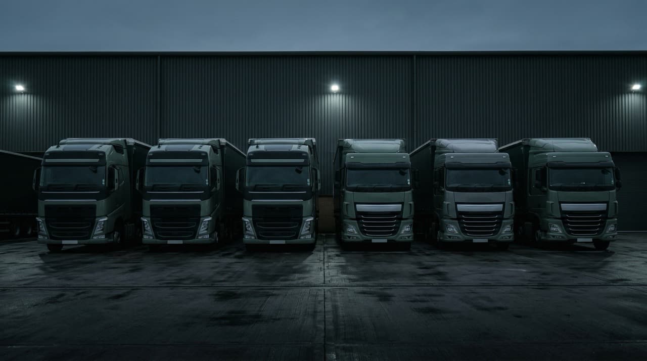 Fleet of HGV lorries parked in a UK depot yard at dawn — representing fleet operators managing confirmed fuel duty increases alongside crude oil volatility