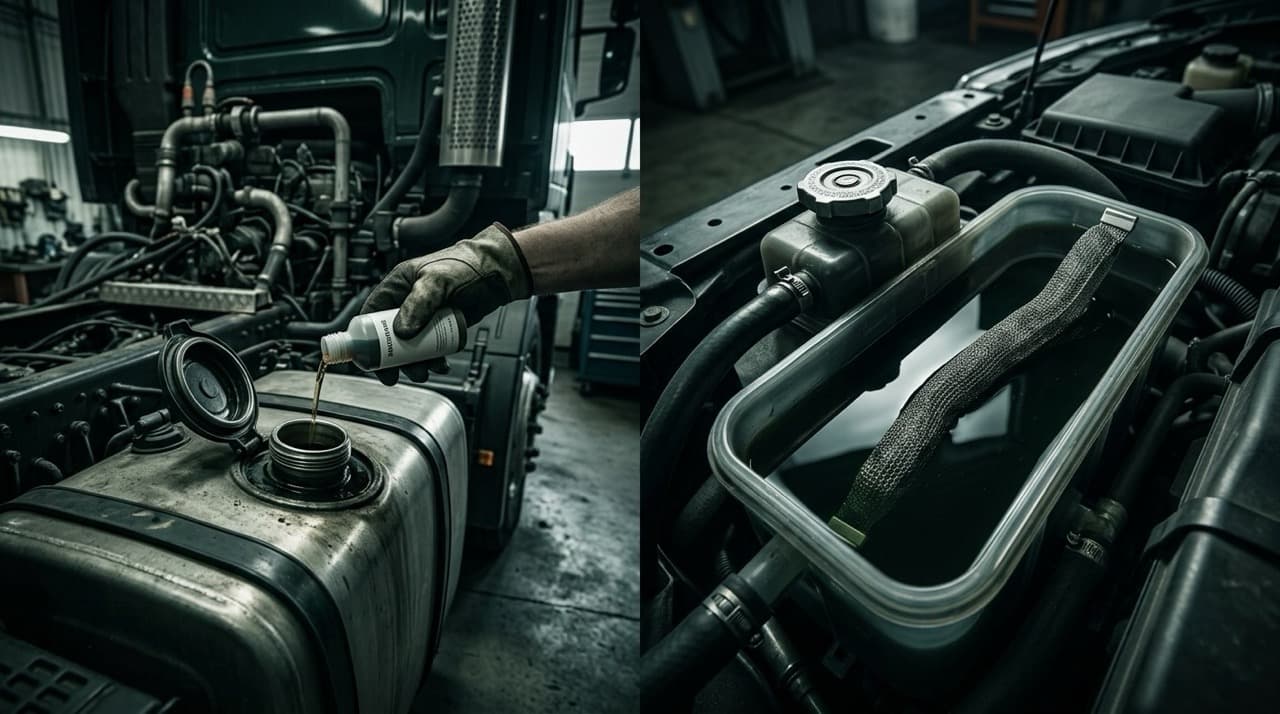 Diesel truck engine bay showing an additive bottle at the fuel tank filler on the left and a coolant-system device installed in the reservoir on the right, illustrating the delivery system difference between a fuel additive and FuelMarble