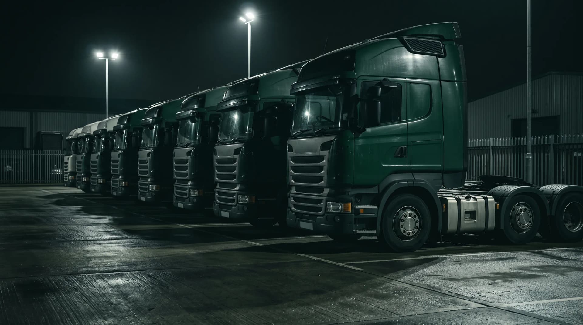 A mixed-brand HGV fleet lined up in a depot yard, illustrating that fuel efficiency can be added to trucks already owned rather than bought through a fleet replacement cycle