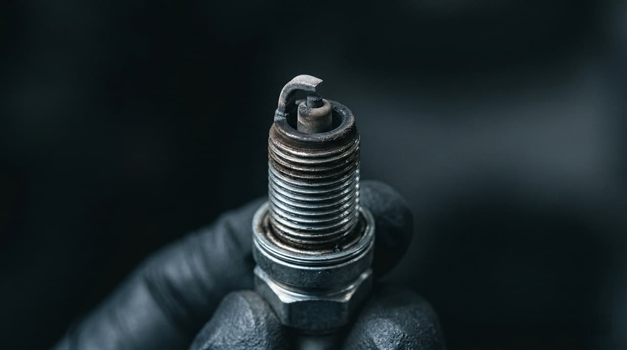 Worn vs new spark plug showing carbon fouling — degraded spark plugs cause incomplete combustion and reduce fuel economy by 5–10%