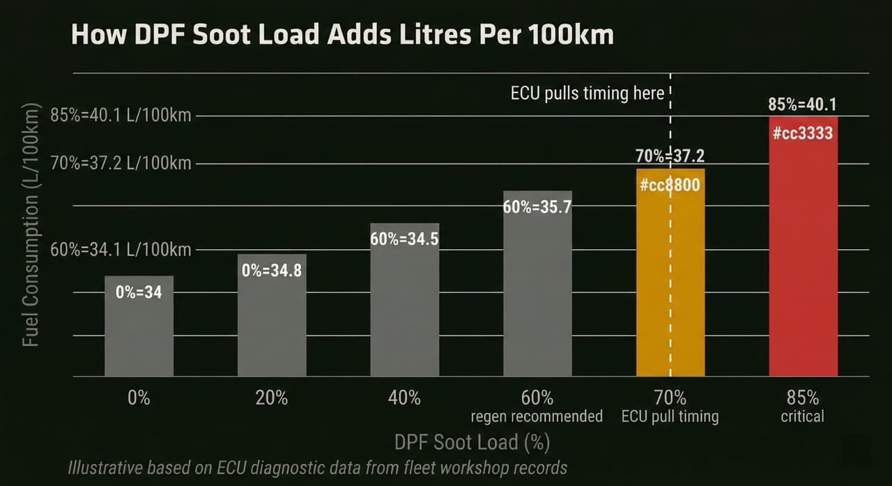 Bar chart showing fuel consumption increase in litres per 100km as DPF soot load rises from 0% to 100%
