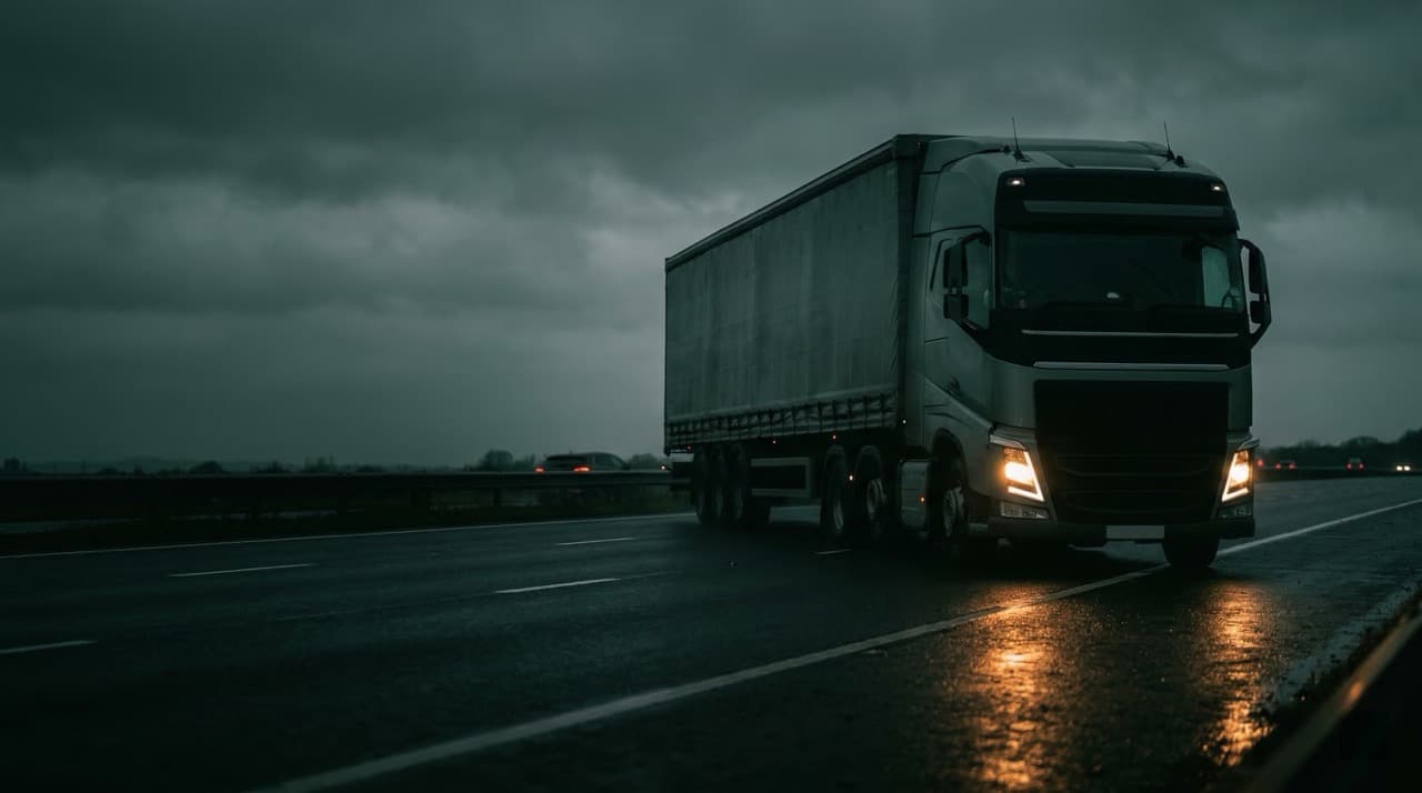 Dark cinematic shot of a 44-tonne articulated HGV on a motorway at dusk — fleet fuel consumption reduction guide