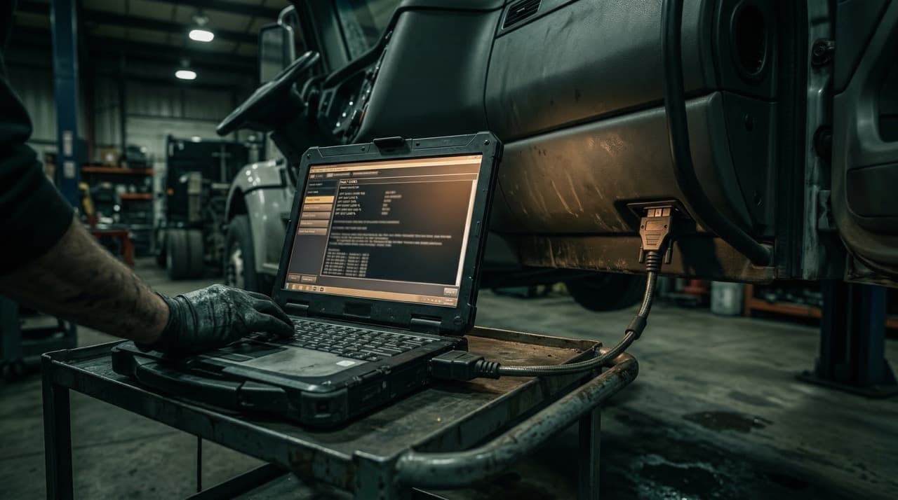 Mechanic's workshop with diagnostic laptop connected to a heavy-duty truck ECU port showing DPF soot load data