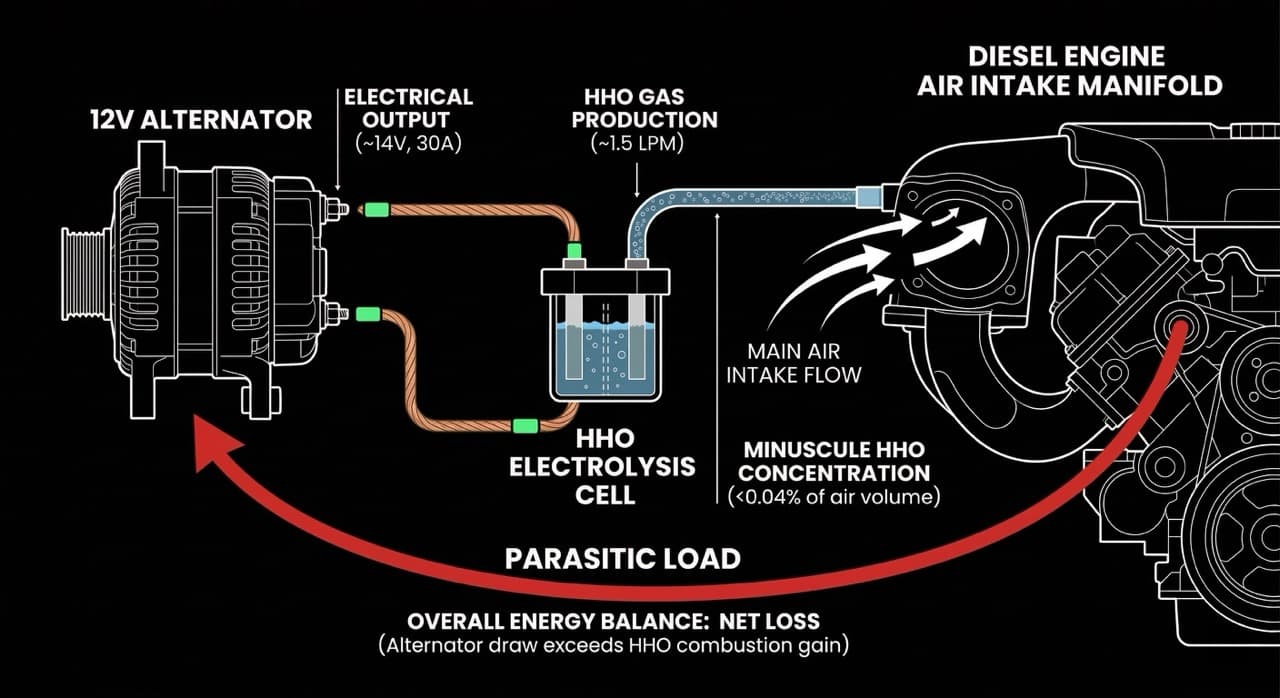 Engineering diagram showing how an HHO generator draws energy from a diesel engine's alternator, creating a net energy loss before any hydrogen enters the intake