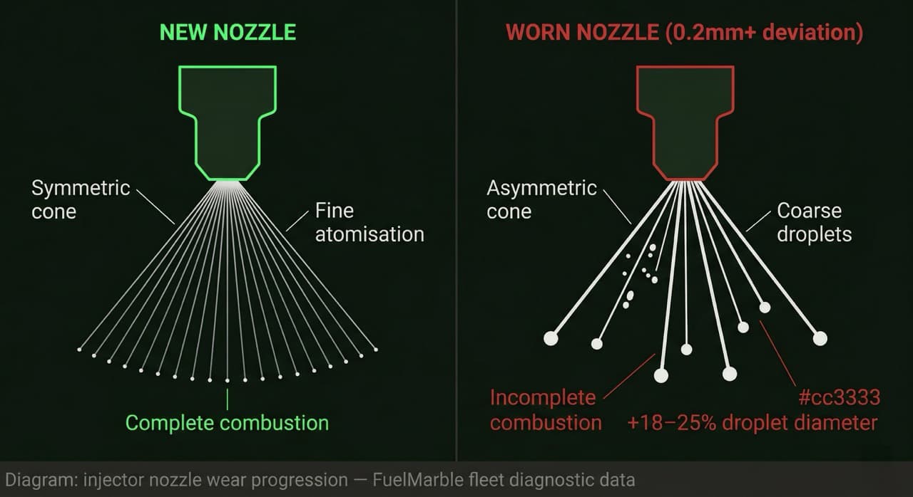 Side-by-side diagram of a healthy injector nozzle spray cone versus a worn nozzle producing an asymmetric pattern