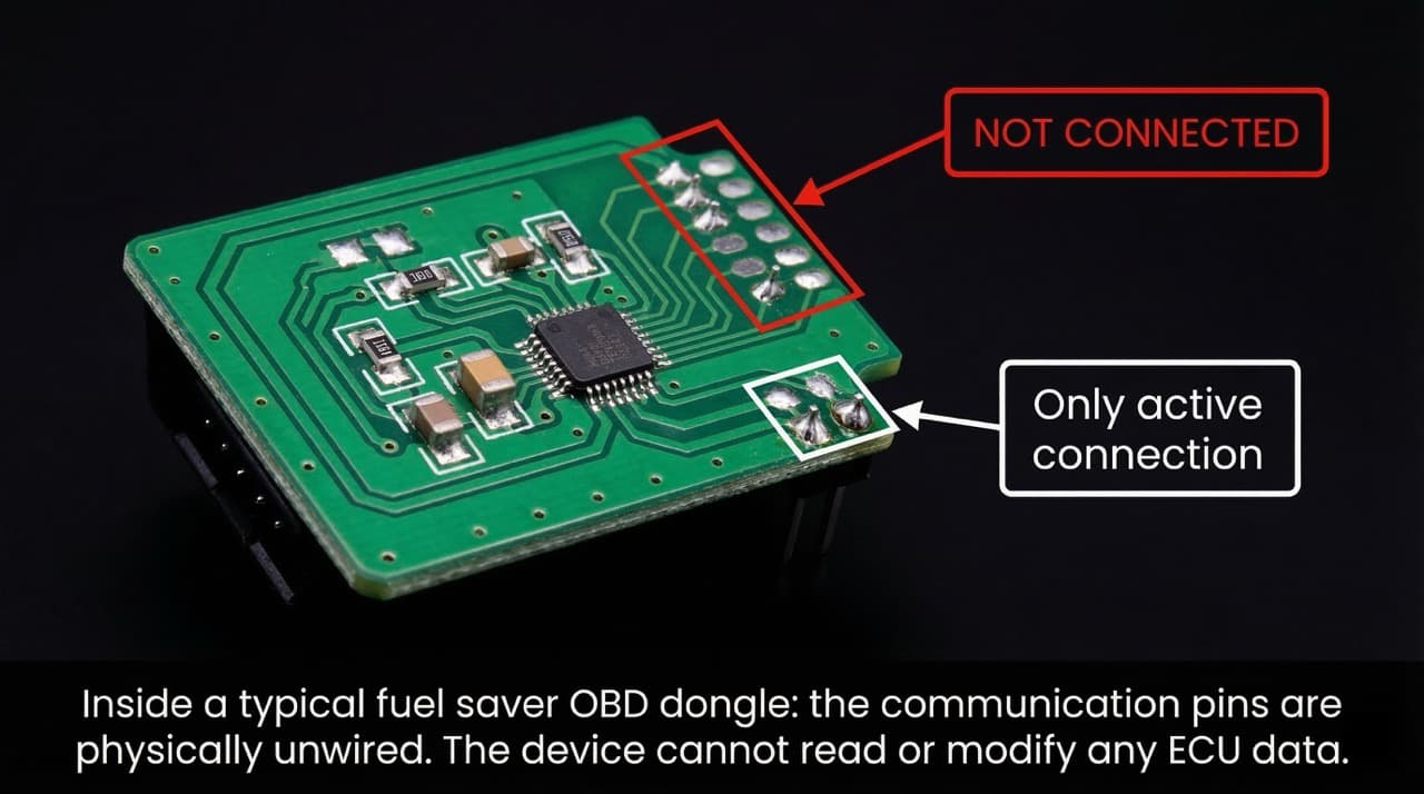 OBD fuel saver dongle circuit board teardown showing CAN bus pins unwired — EcoOBD2 NitroOBD2 scam explained