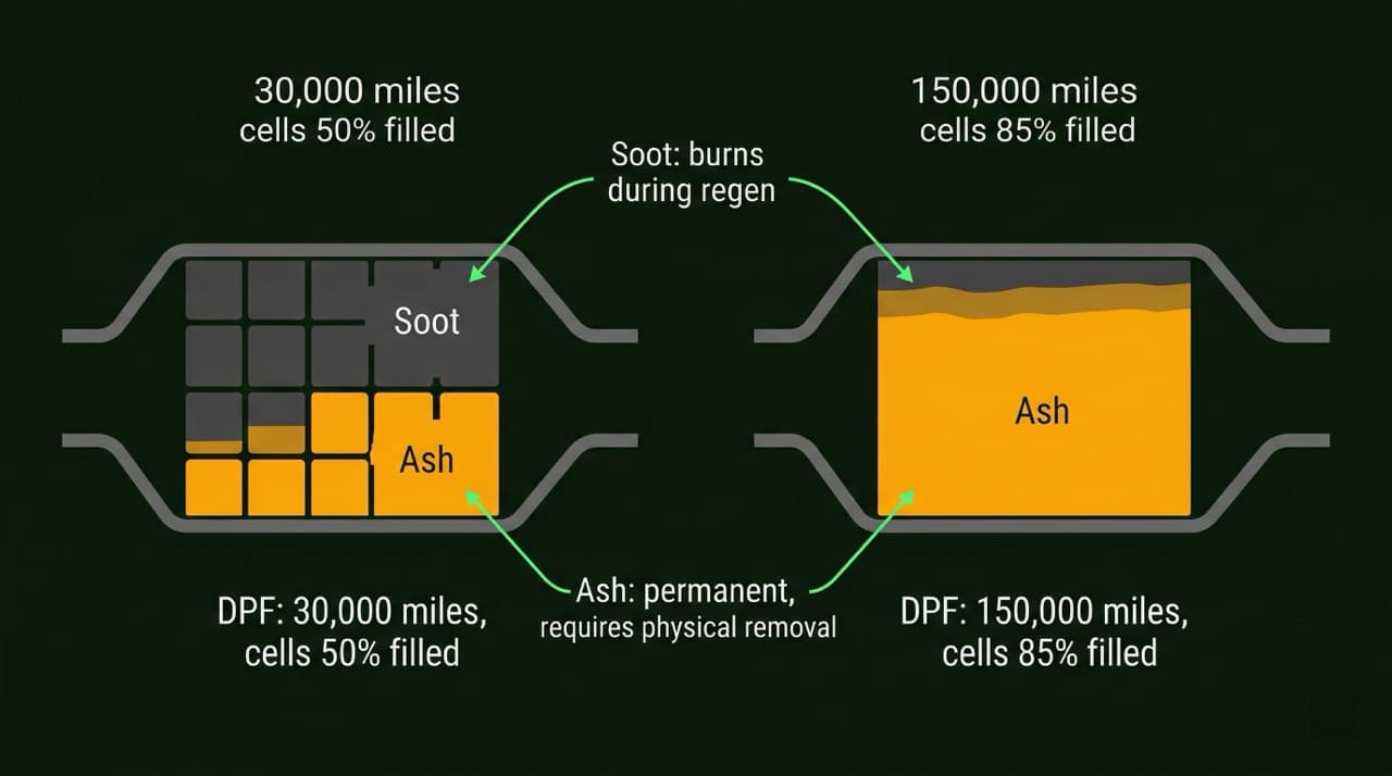 Diagram showing soot and ash accumulation in a DPF over 150,000 miles with soot as combustible and ash as permanent