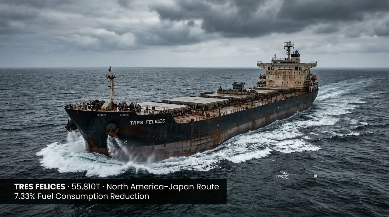TRES FELICES 55,810-tonne bulk carrier on the North America–Japan route recording 7.33% fuel consumption reduction with FuelMarble