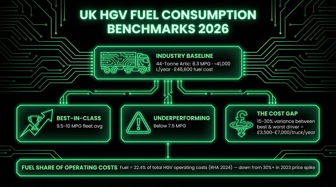 Infographic showing UK HGV fuel consumption benchmarks for 2026: 8.3 MPG industry baseline, 9.5 MPG best-in-class, and a 15–30% cost gap between fleet performers