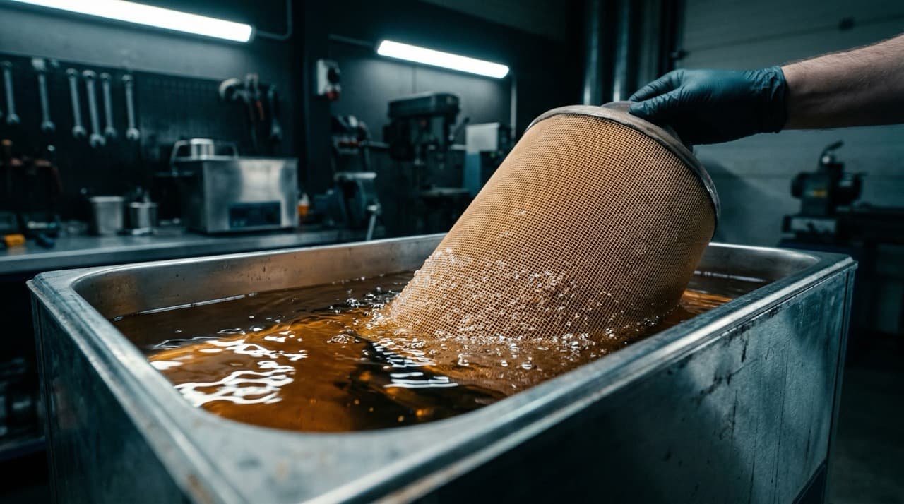 Diesel particulate filter submerged in ultrasonic cleaning tank with cavitation bubbles visible in specialist workshop