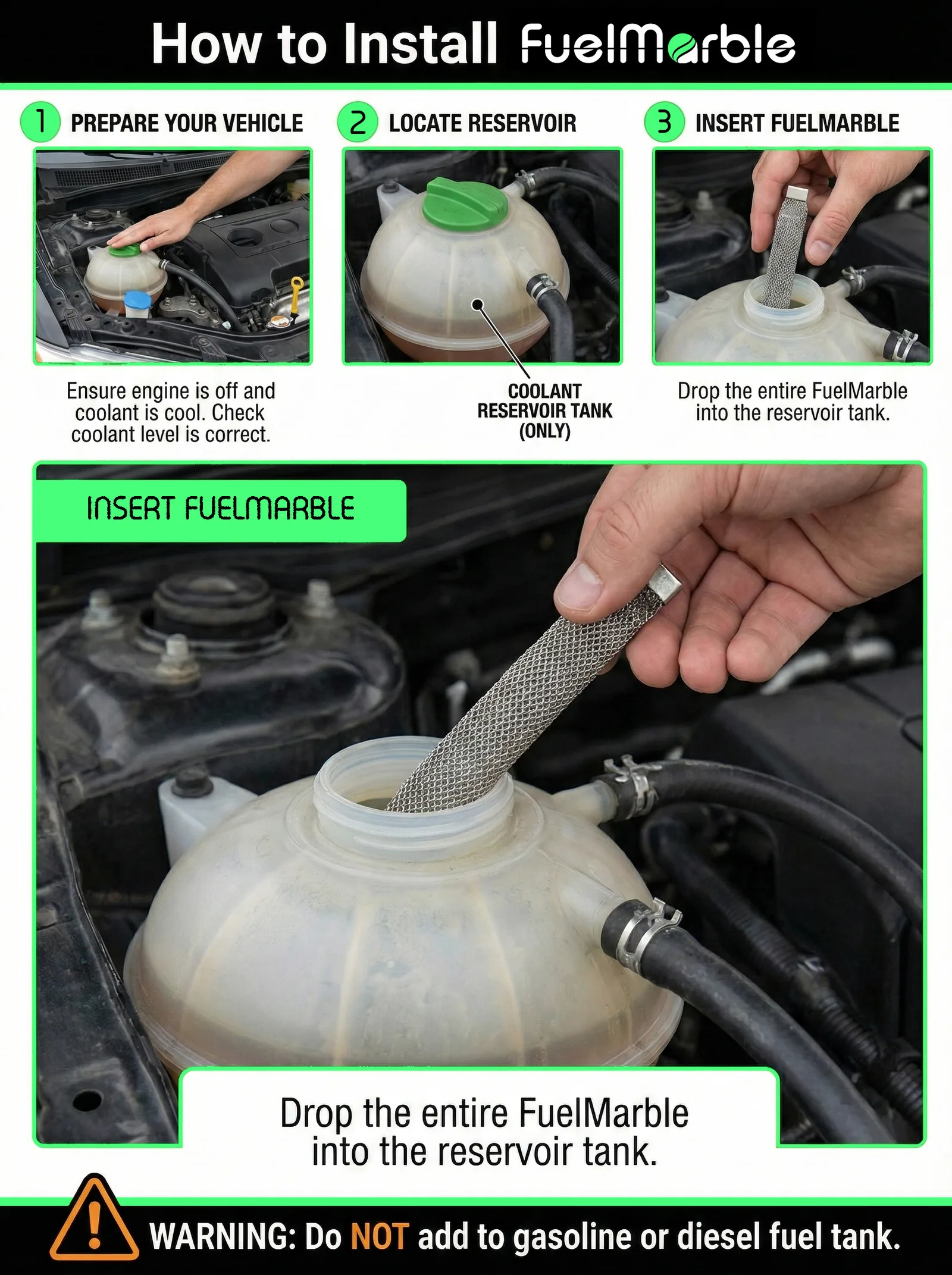 Full visual guide showing how to install FuelMarble into coolant reservoir