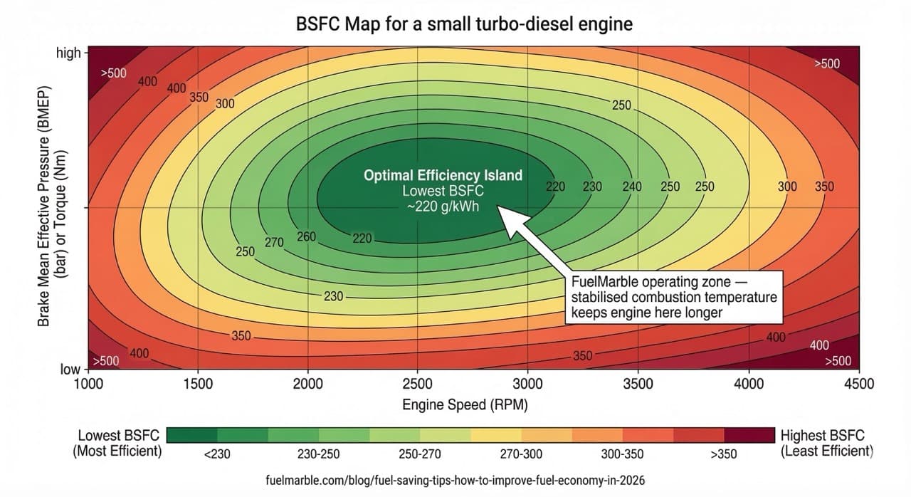 Typical brake-specific fuel consumption map for a small turbo-diesel engine — showing the optimal efficiency island at mid-RPM and high torque